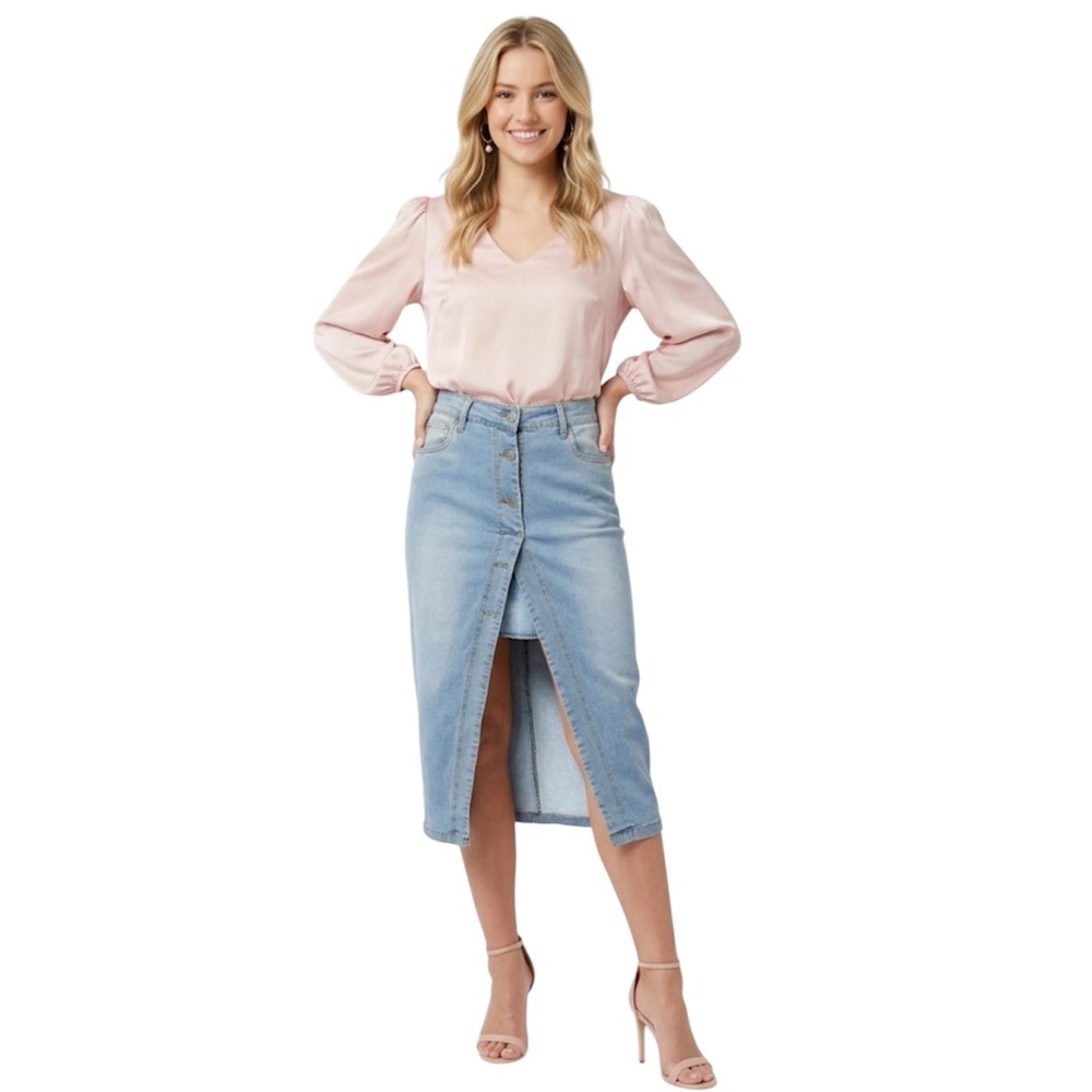 Rhythm + Rose Women Classic Light Blue Denim Skirt with Front Button Slit Size 8 - Picture 15 of 15